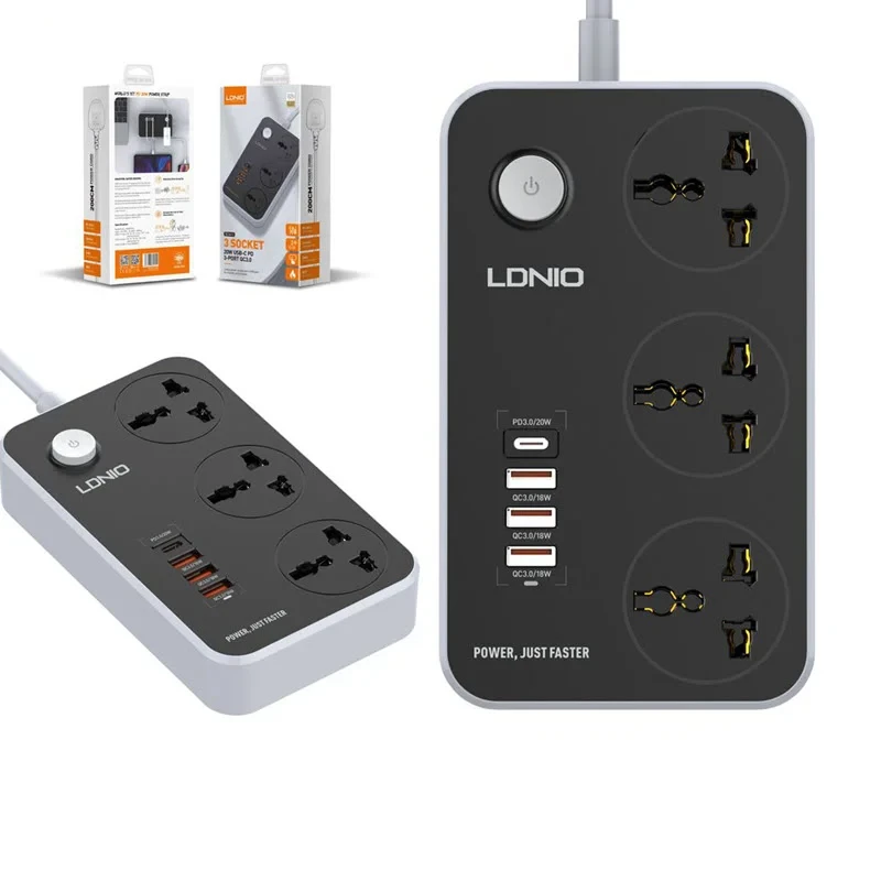 Ldnio SC3412 38W PD20W Power Strip 3 Socket Outlets And 3 QC 3.0 USB